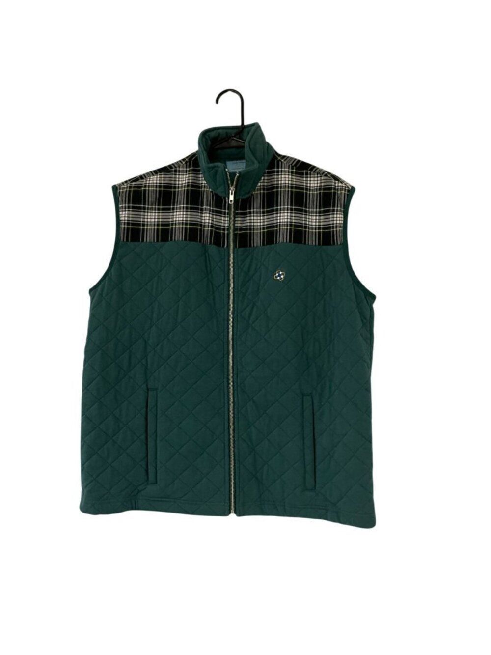 Castaway Men Vest M Green Plaid Cross Rip Quilted Classic Fit Full Zip Mock Neck